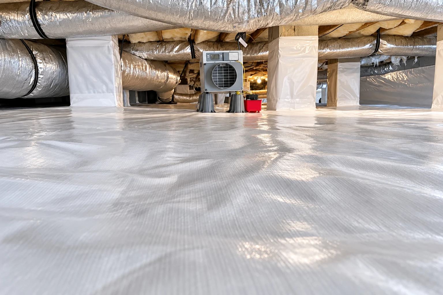 Sealed crawl space with a white floor liner, insulated ducts, and a portable air-moving unit.
