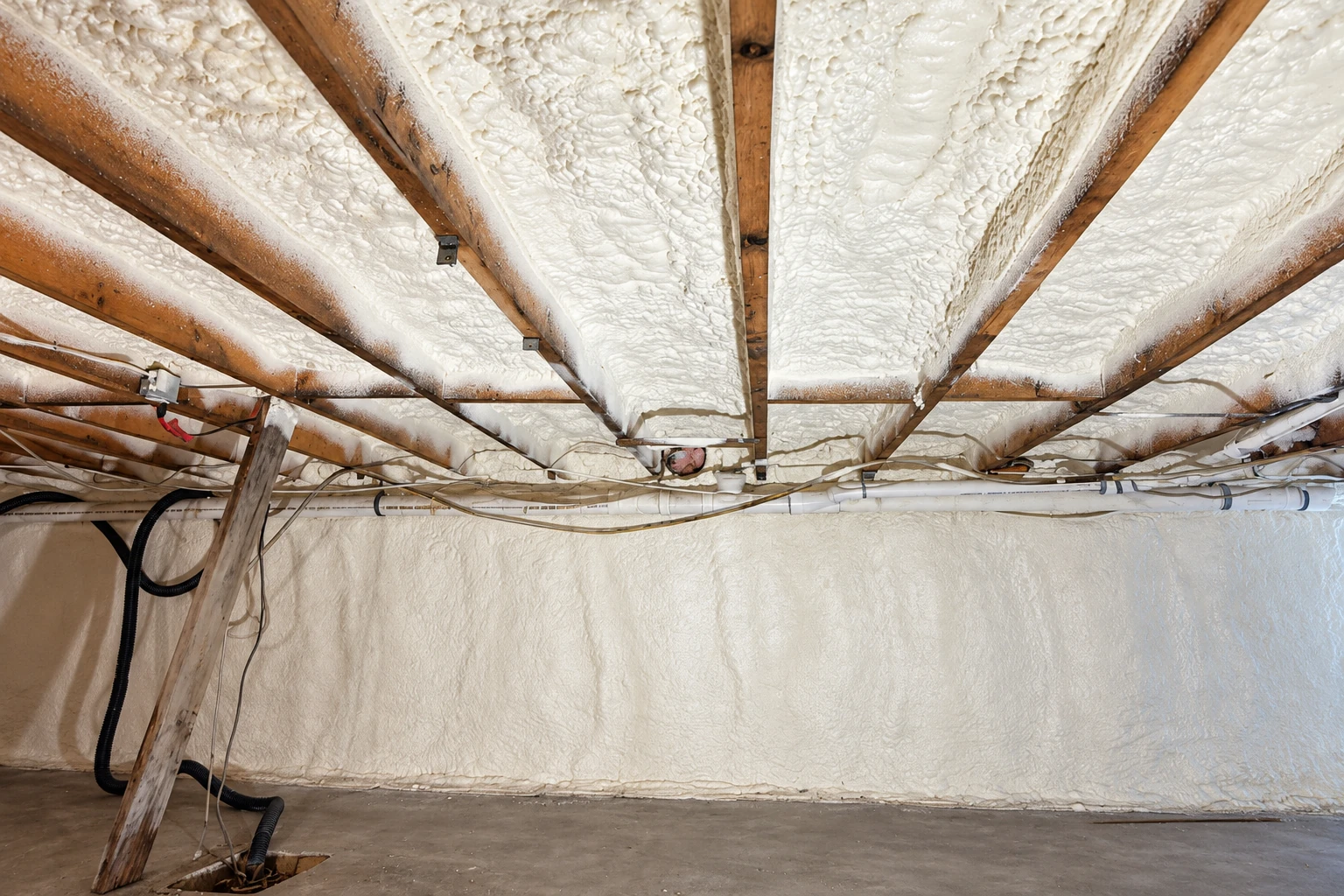 White spray foam seals the underside of roof joists and the walls of an unfinished basement.