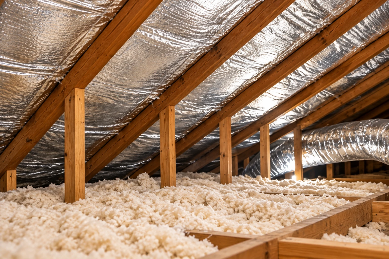 An attic has loose-fill insulation across the floor and reflective foil lining the roof between wooden rafters.