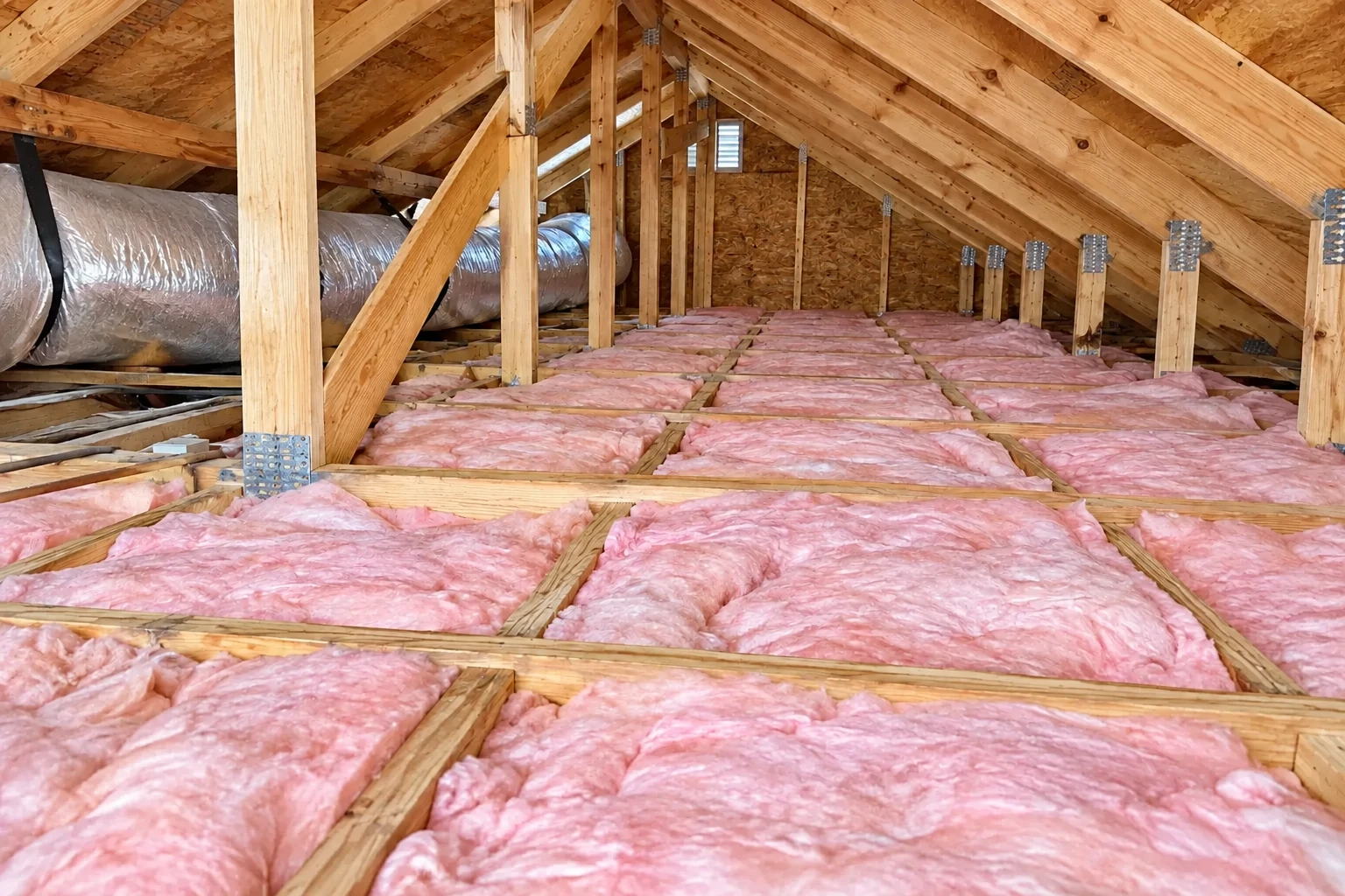 Pink fiberglass batts cover the attic floor between wooden joists beneath exposed roof trusses.