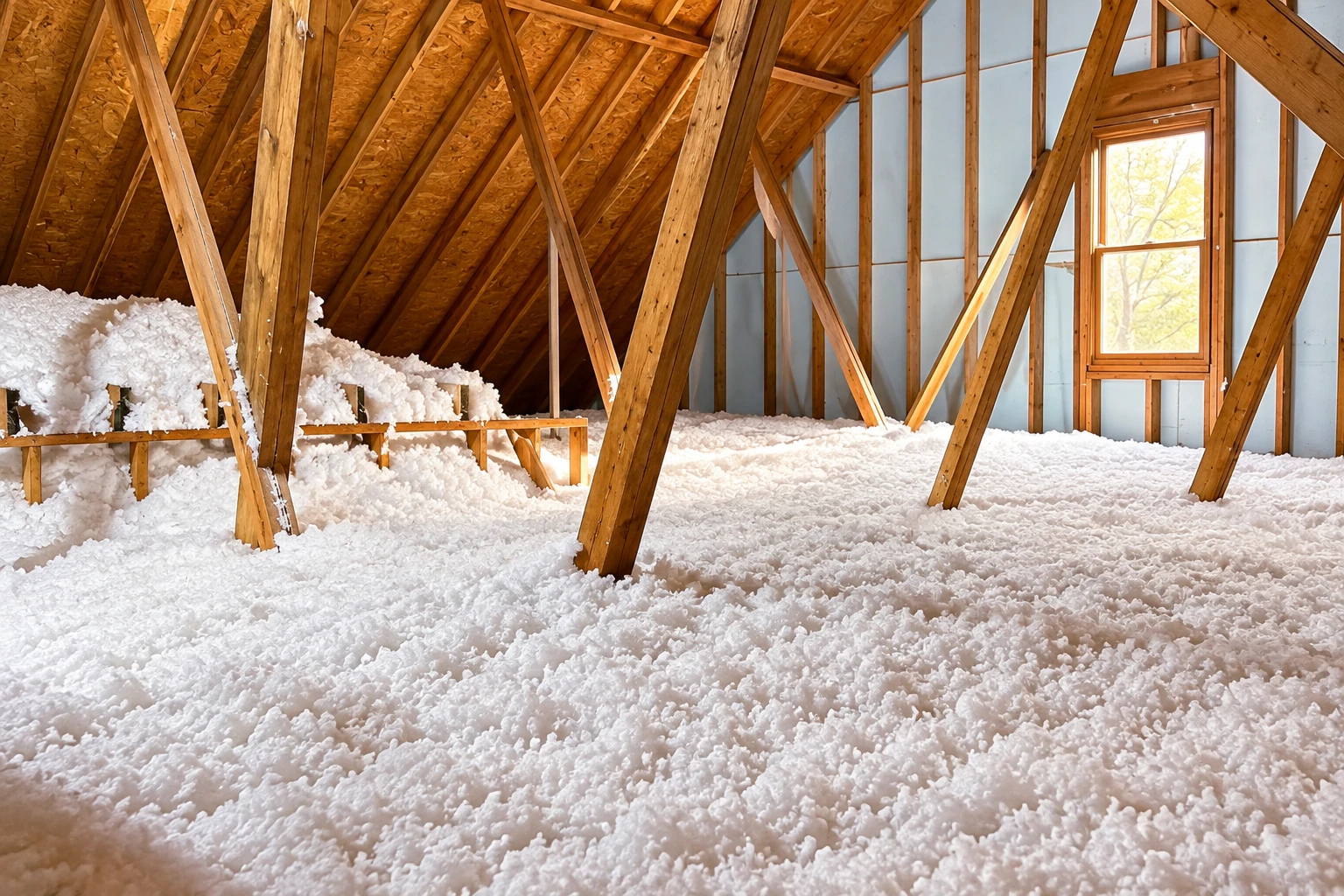 Loose white insulation covers an attic floor beneath exposed wooden roof trusses and a window.