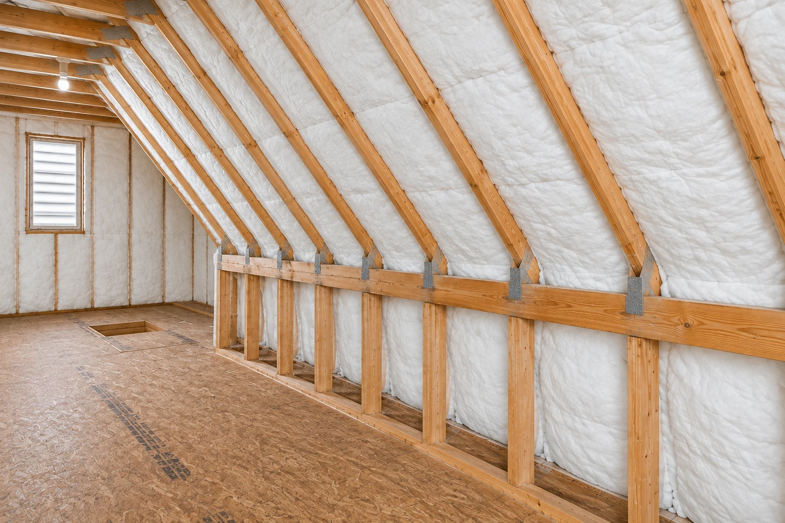Attic with white batt insulation fitted between exposed wooden rafters and across the sloped roof and walls.