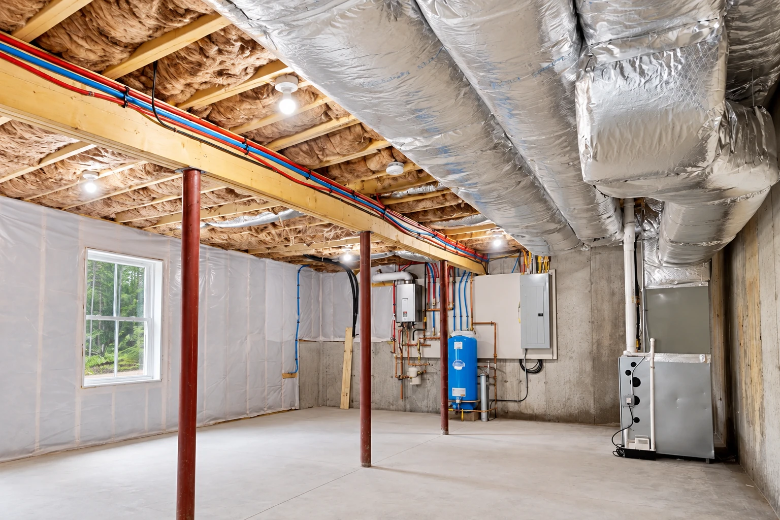 Unfinished basement with insulated ceiling joists, large silver ducts, exposed pipes, and a plastic-covered wall.
