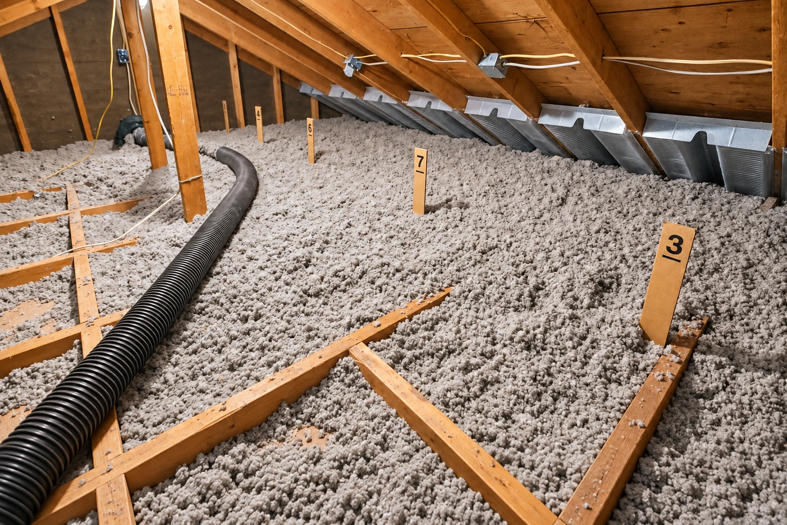 Blown-in insulation blankets an attic floor around wooden framing, with a flexible black hose crossing it.