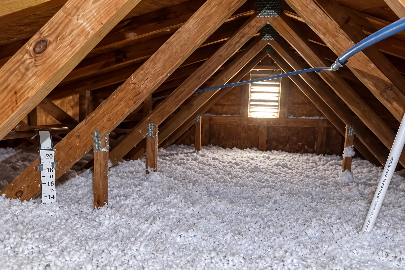 Attic filled with loose white blown-in insulation beneath wooden rafters, with a depth gauge and a blue hose visible.
