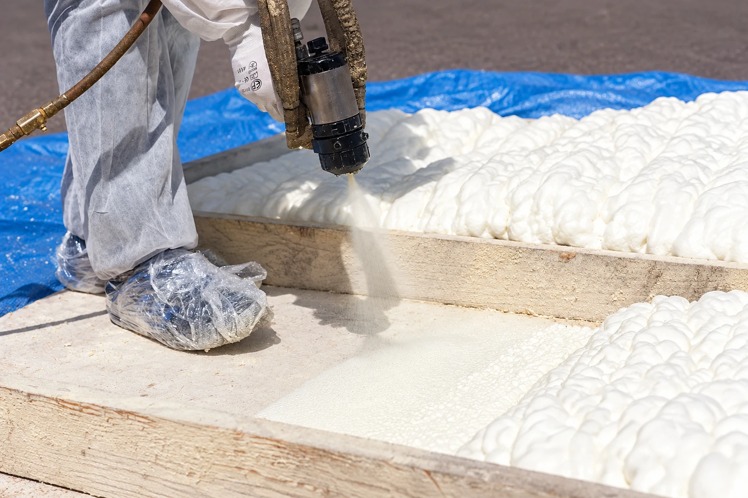 A worker sprays white closed-cell foam into a wooden cavity, with foam already coating the surrounding surfaces.