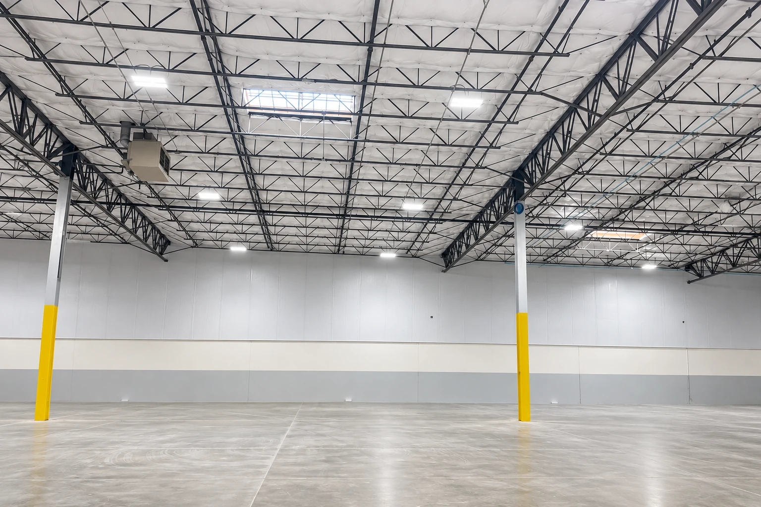 A large, empty commercial building has white insulated ceiling panels beneath exposed steel roof trusses.