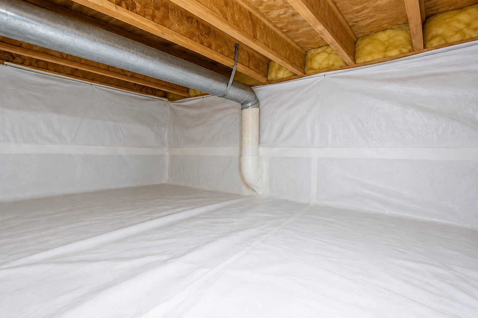 White vapor barrier covers a crawl space floor and walls beneath wooden joists, with a metal duct overhead.