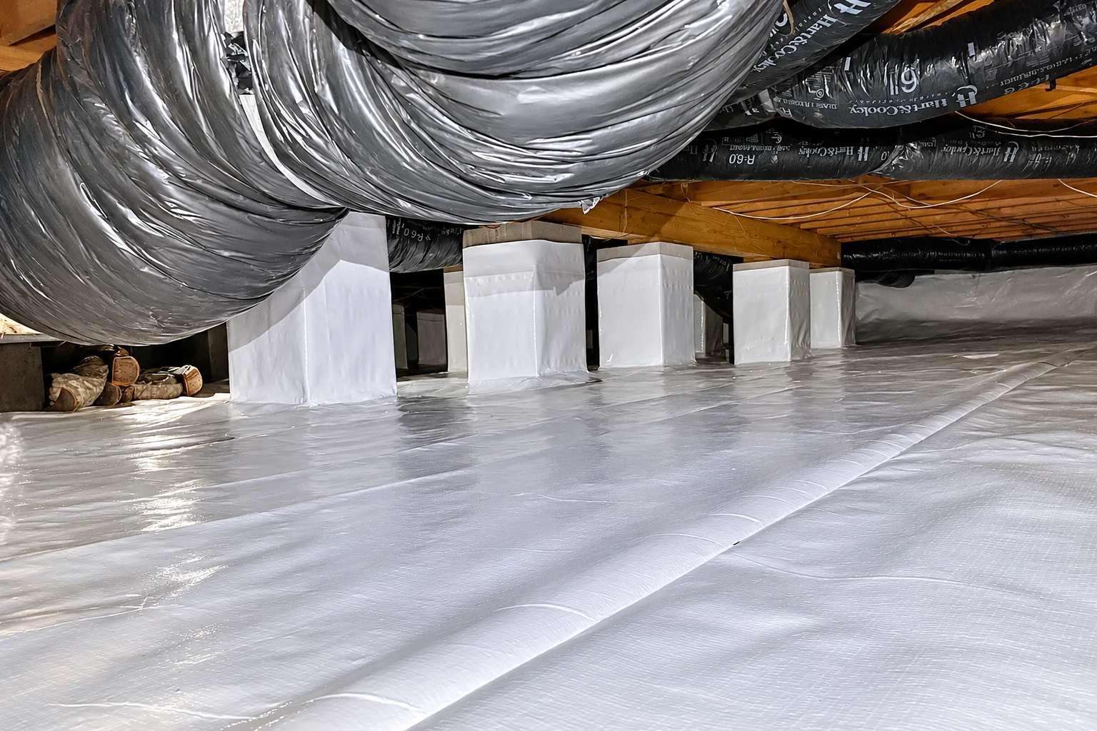 Crawl space with a white vapor barrier covering the floor, insulated support piers, and large silver-ducted pipes overhead.