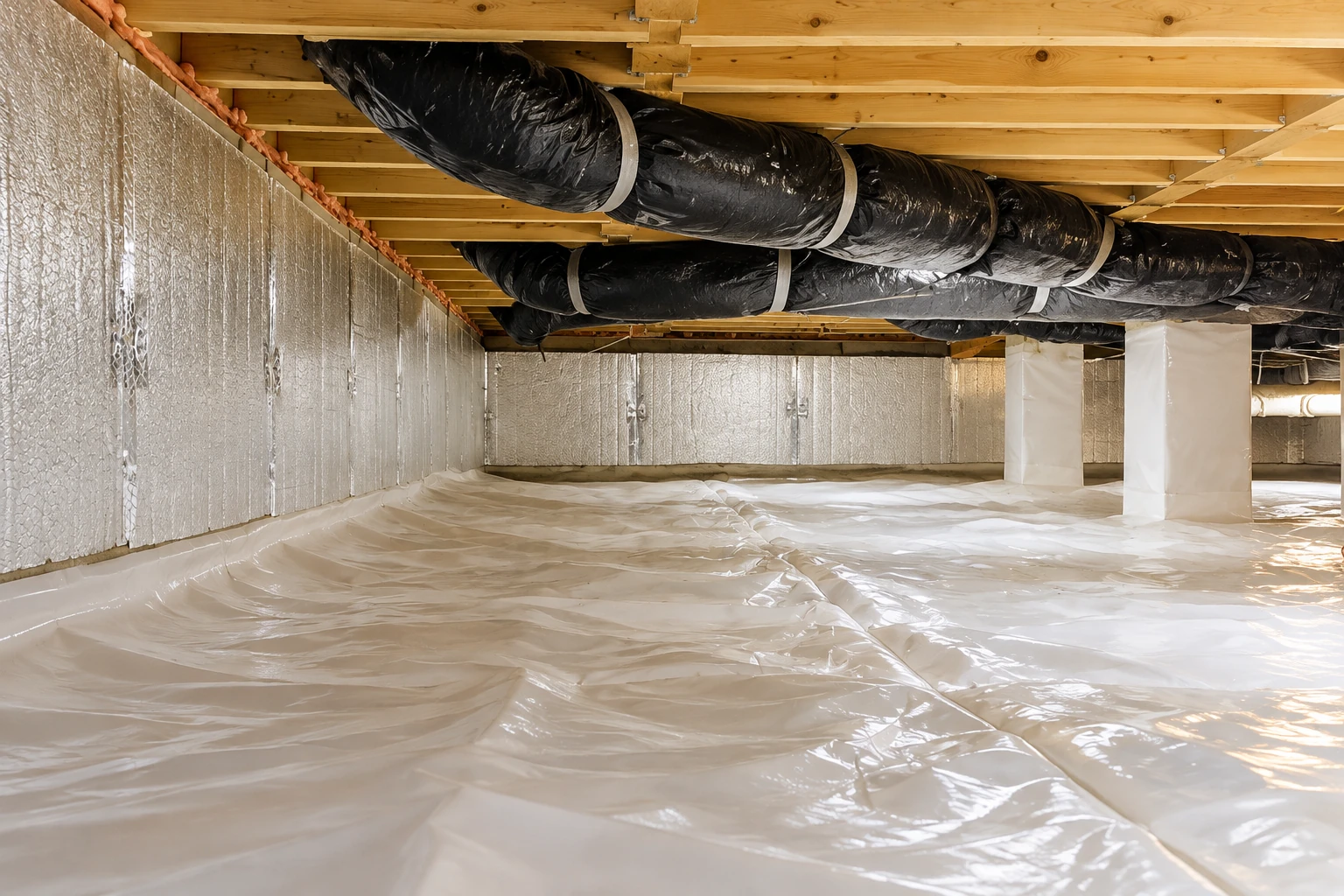 A crawl space has white vapor barrier covering the floor and reflective insulation on the walls.
