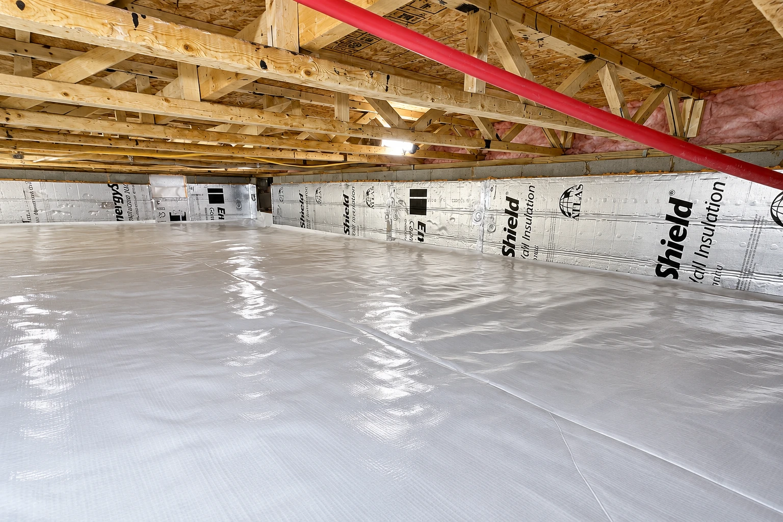 Crawl space with reflective vapor barrier across the floor and white insulation boards lining the perimeter walls beneath exposed wooden framing.