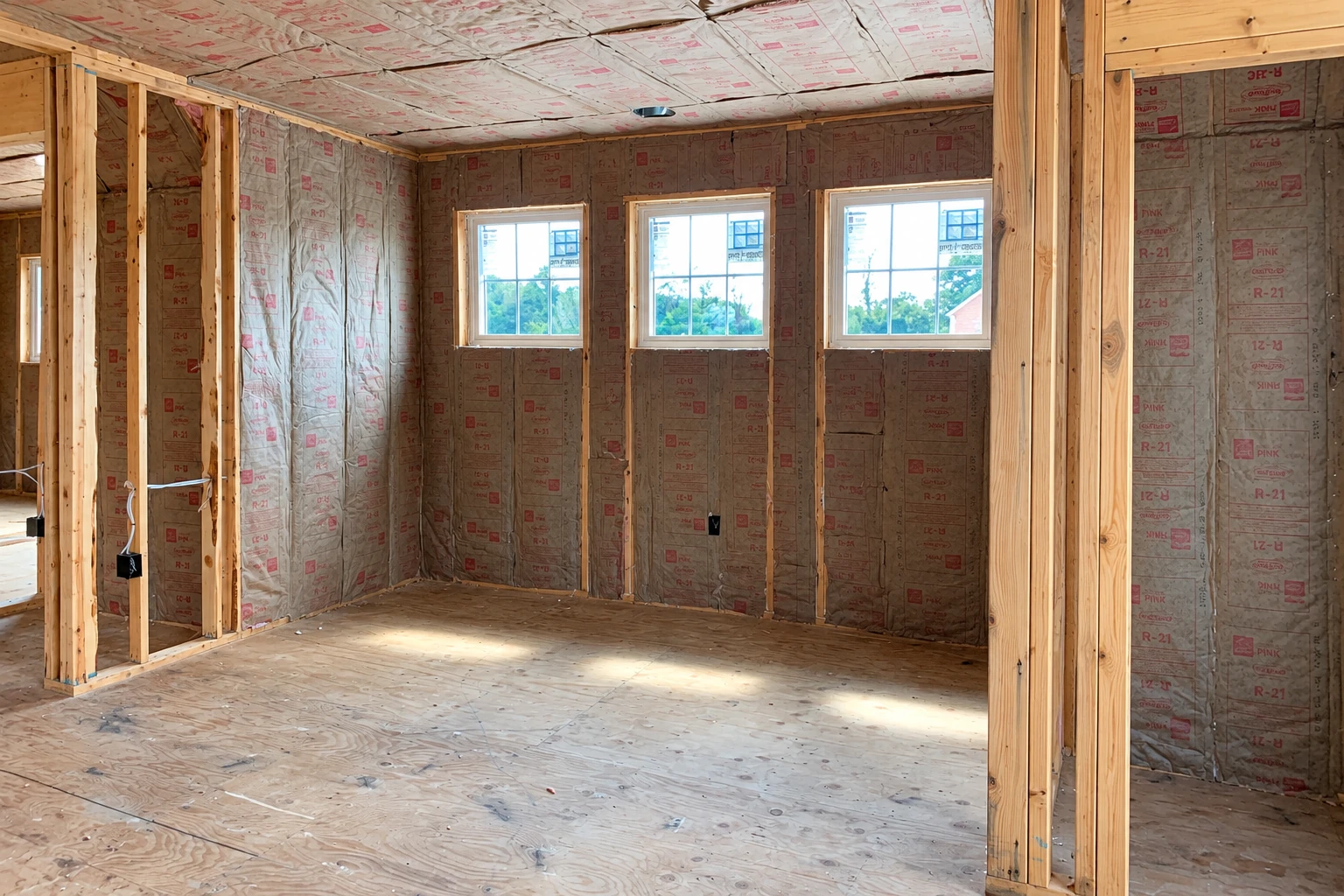 Fiberglass batts fill the walls and ceiling of an unfinished room framed with exposed wood studs.