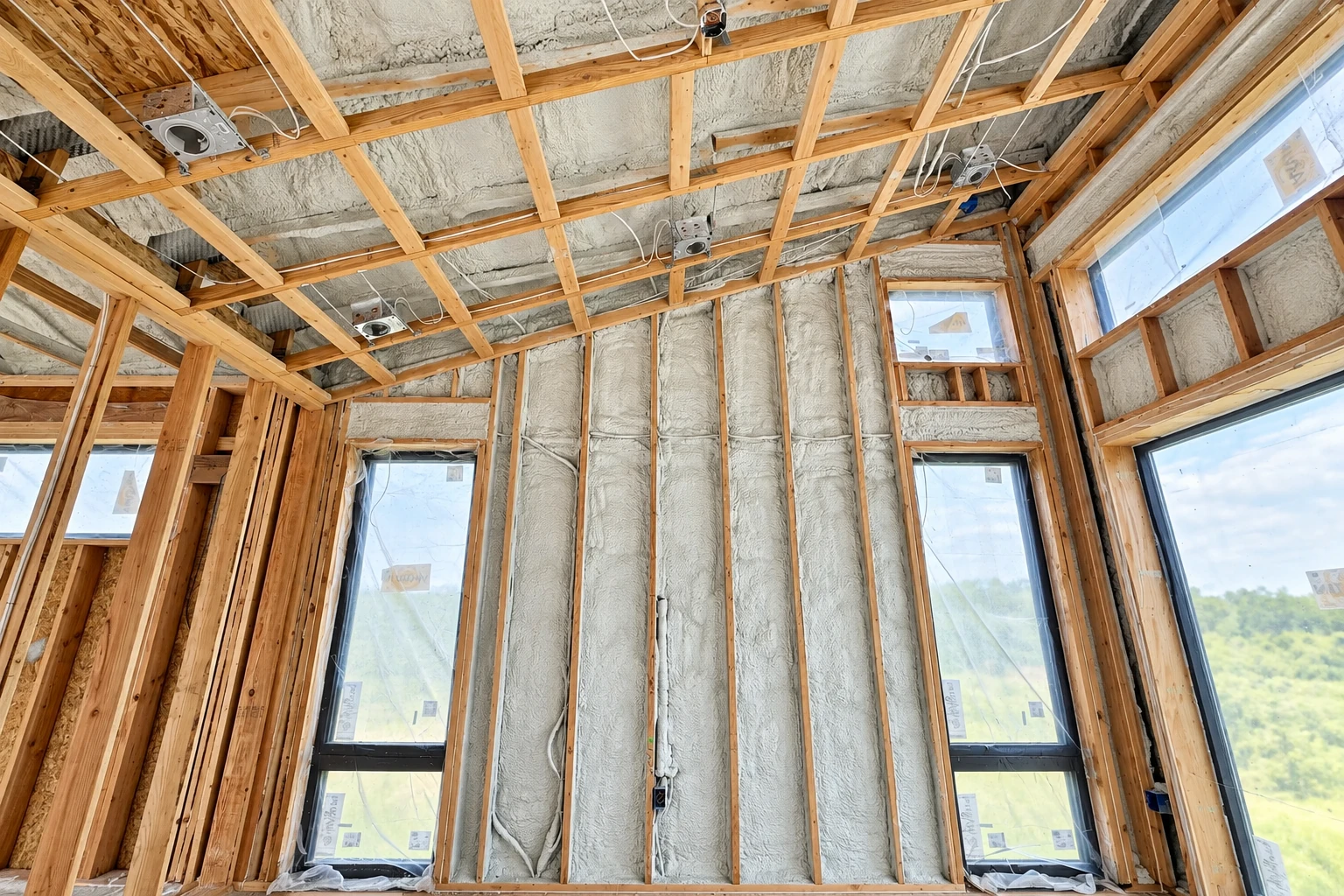 Foam insulation fills the walls and ceiling of an unfinished room, framed with wood and lined with windows.