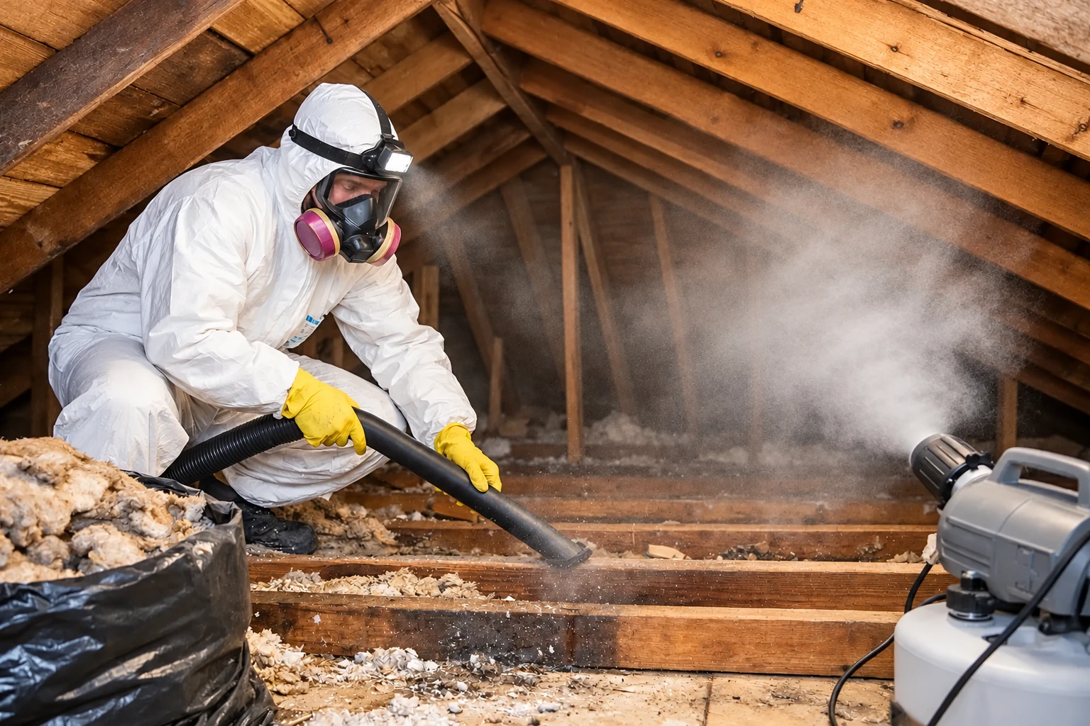 A worker in protective gear vacuums loose attic insulation into a hose as dust rises nearby.