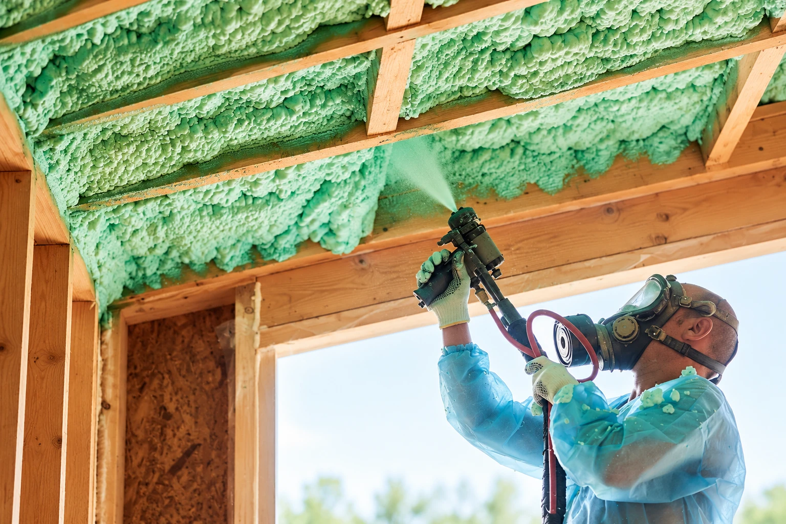A worker in protective gear sprays green foam insulation between exposed roof rafters.