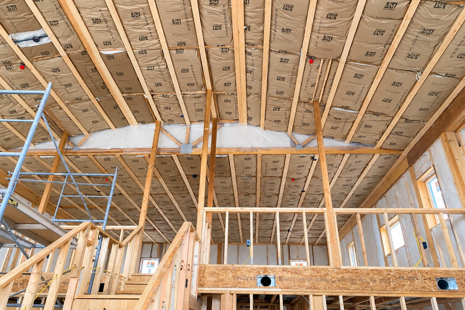Fiberglass batts fill the sloped roof framing of an unfinished home, with exposed timber beams and scaffolding below.
