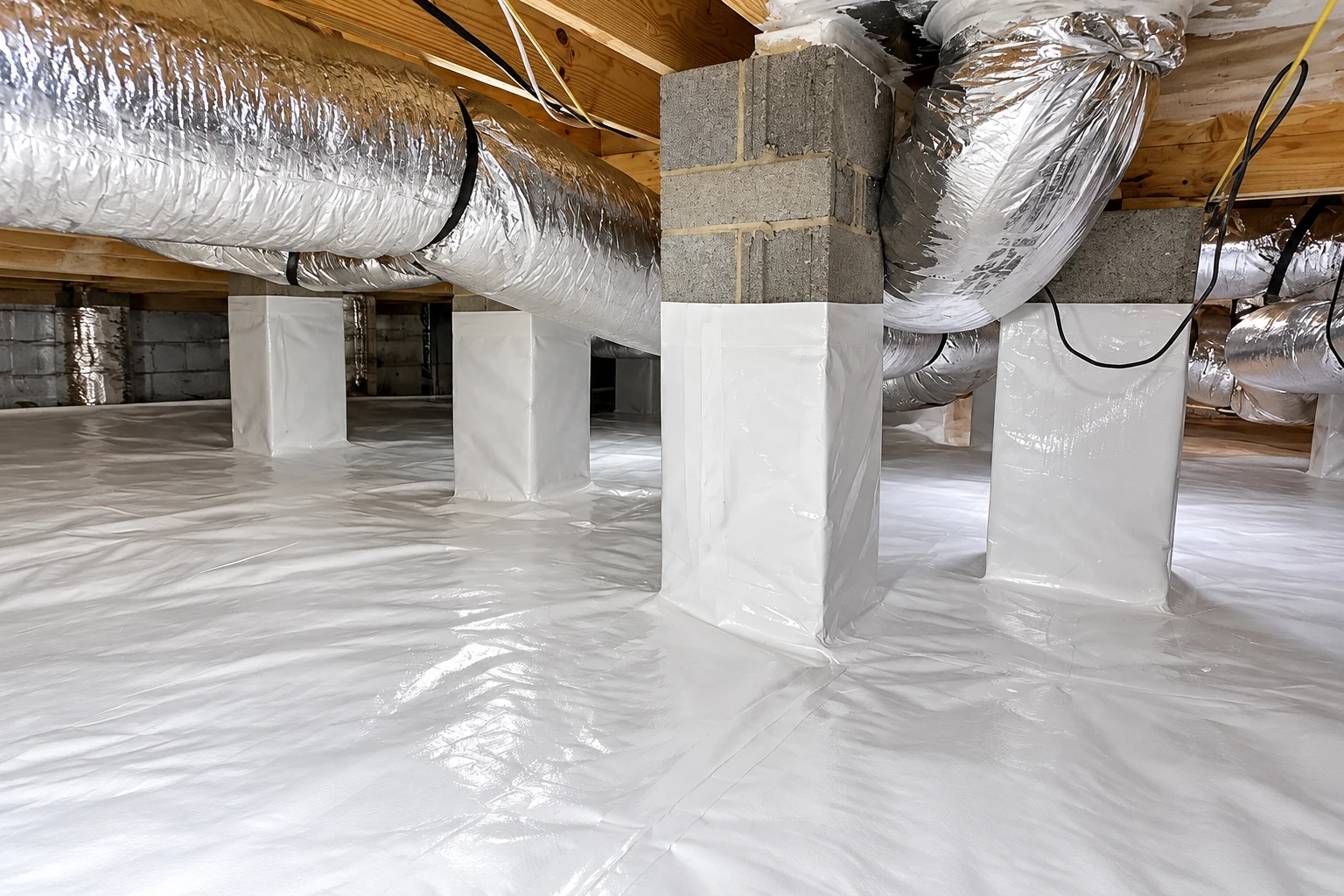 White vapor barrier wraps crawl space columns and covers the floor beneath ducts and exposed joists.