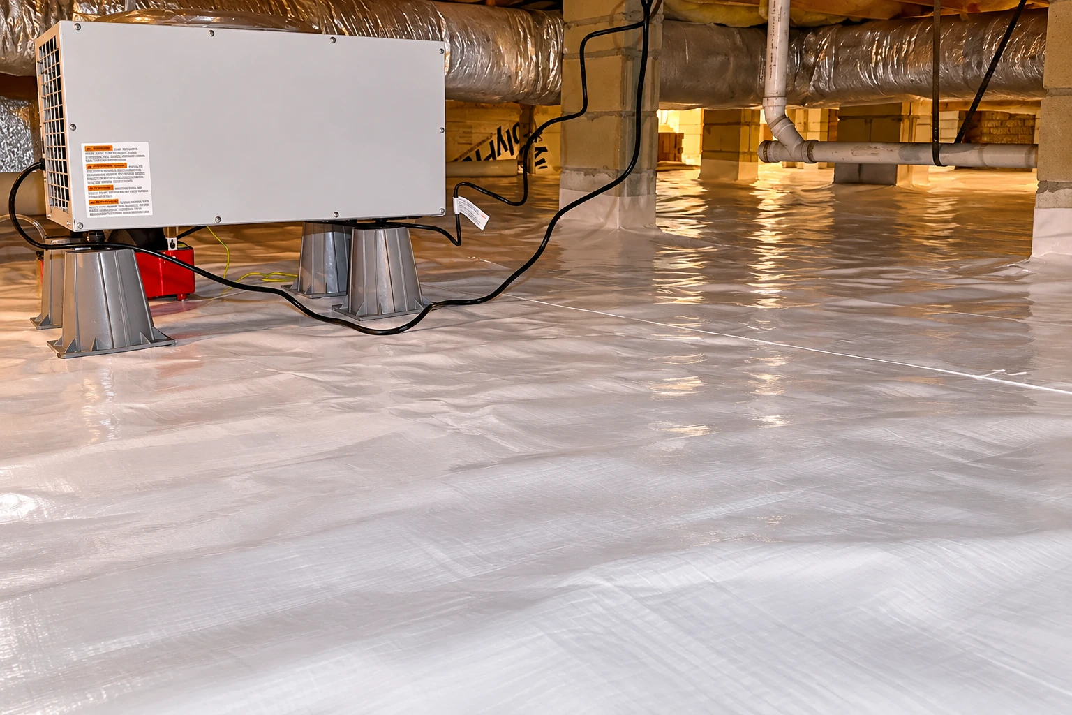 A crawl space floor is covered with shiny plastic vapor barrier beneath ducts and pipes, beside a white mechanical unit.
